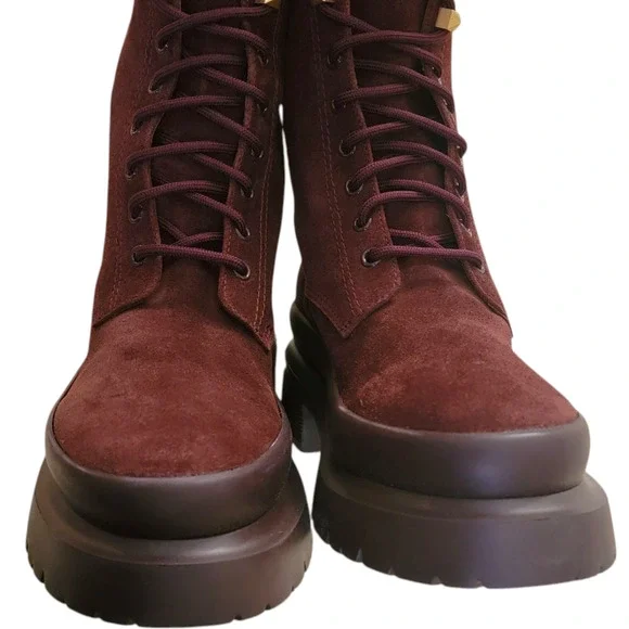 Valentino Garavani Rockstud Burgundy Suede Platform Combat Boots IT 39 / US 9 - Picture 7 of 14